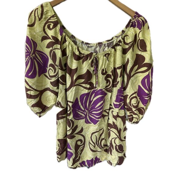 One Papaya Hawaiian Aloha Floral Tropical Leaves On Off Shoulder Peasant Top L - Picture 1 of 4